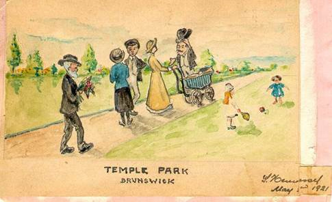 Some things don&rsquo;t change: Temple Park remains a popular park for social gatherings and children&rsquo;s play. This painting by S Hennessy in 1921 highlights how only fashion has changed.