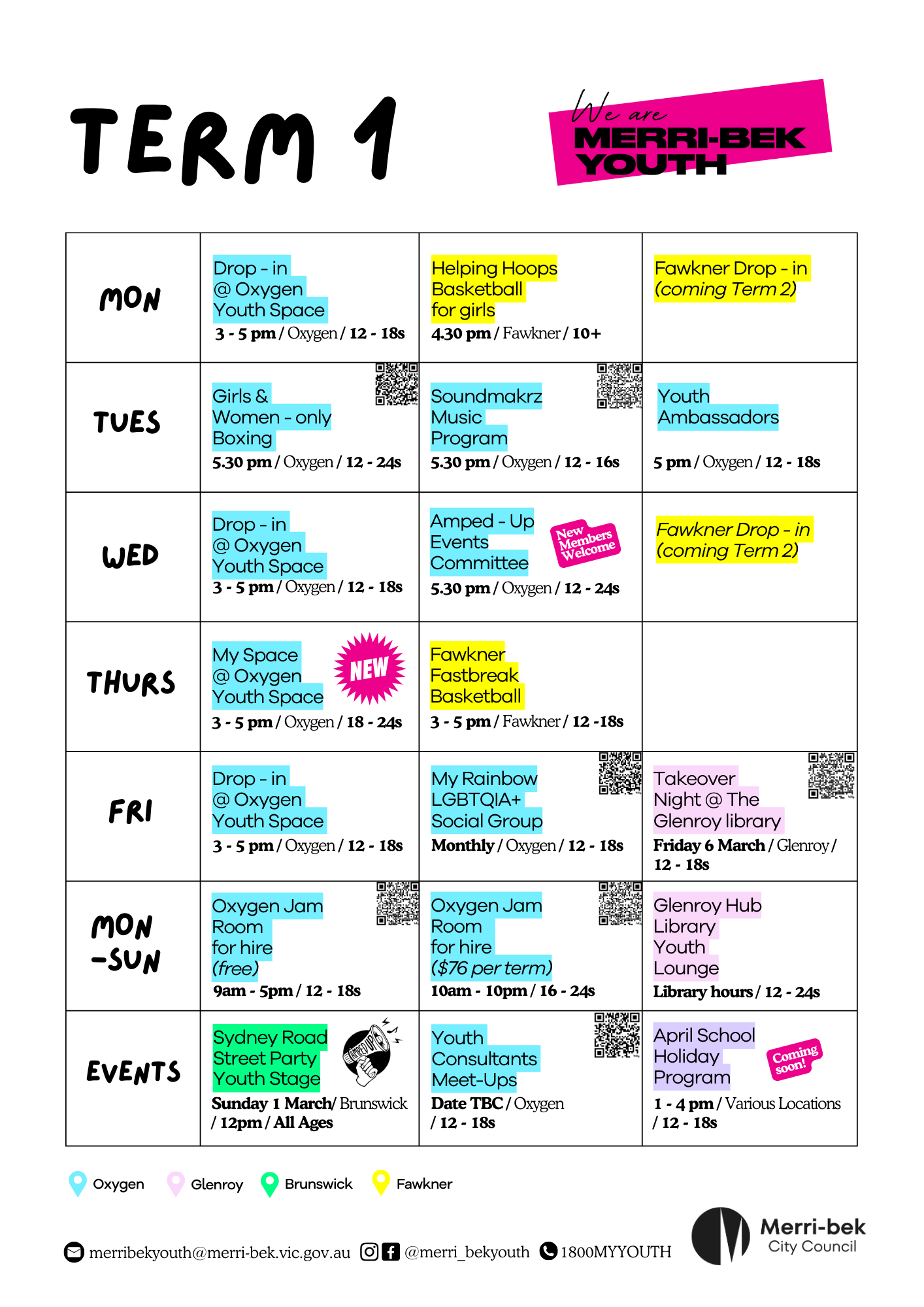 Flyer titled “Term 1 – We are Merri-bek Youth” showing a weekly timetable of youth programs across Oxygen Youth Space, Fawkner, Glenroy and Brunswick.