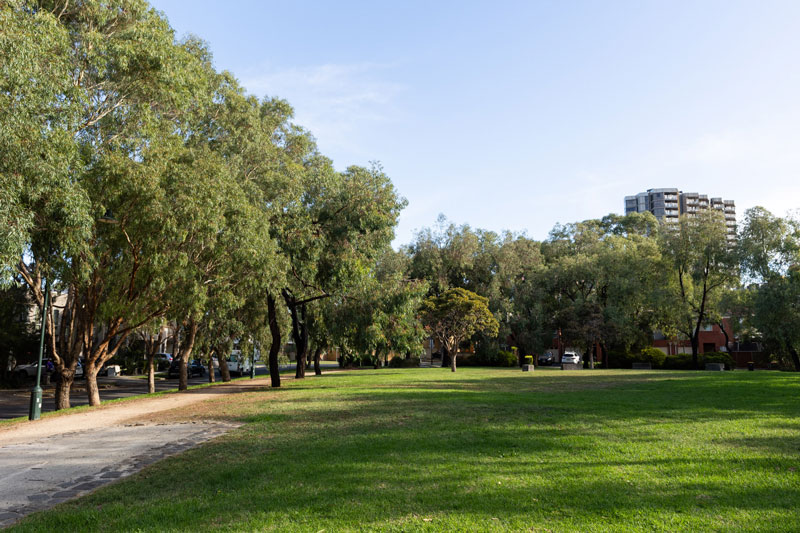 A large grassy open area encircled by trees, with a path and street on the left and a high rise in the distance.