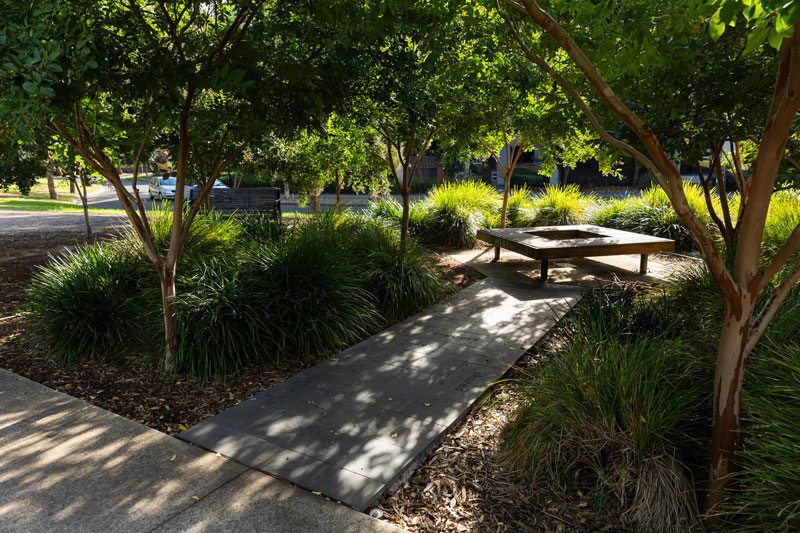 A memorial garden for victims of violence with bench seating in the shape of a diamond, surrounded by a grove of small trees and grasses. There are words embossed on the concrete walkway to the seat, such as nurture and support.
