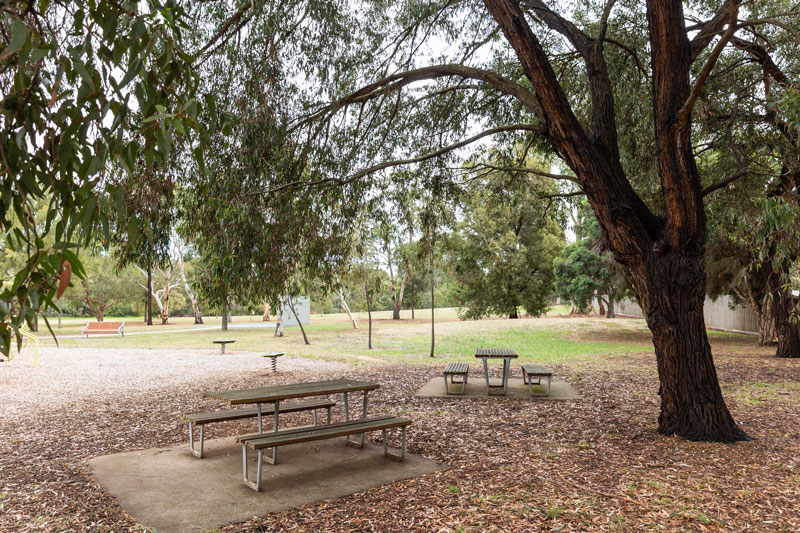 Picnic tables shaded by large native trees.