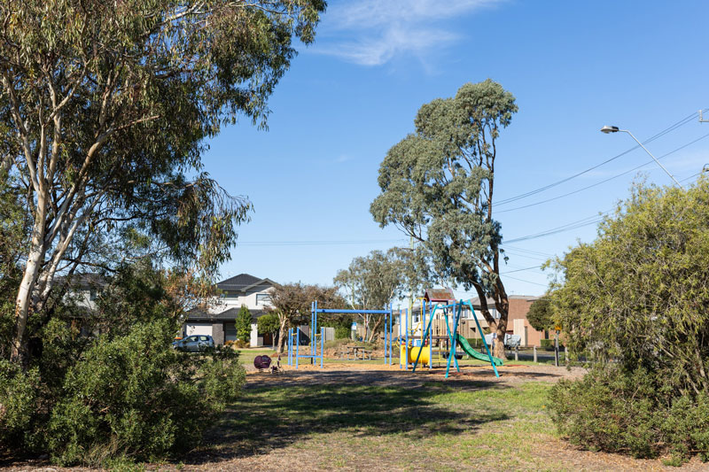 View of the children's playground through native trees.