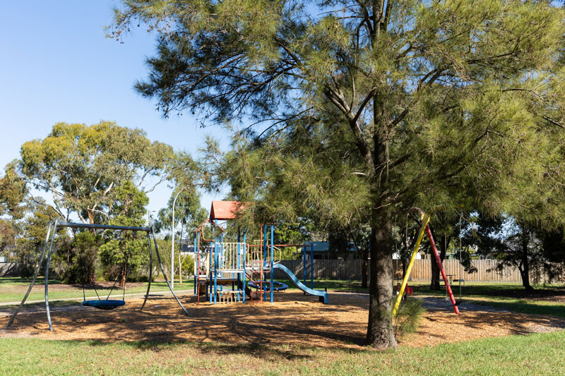 A colourful children's park with climbing structures, swings and slides, shaded by large native trees.