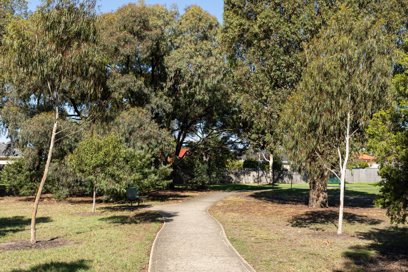 A concrete pathway running through the park, shaded by large native trees.