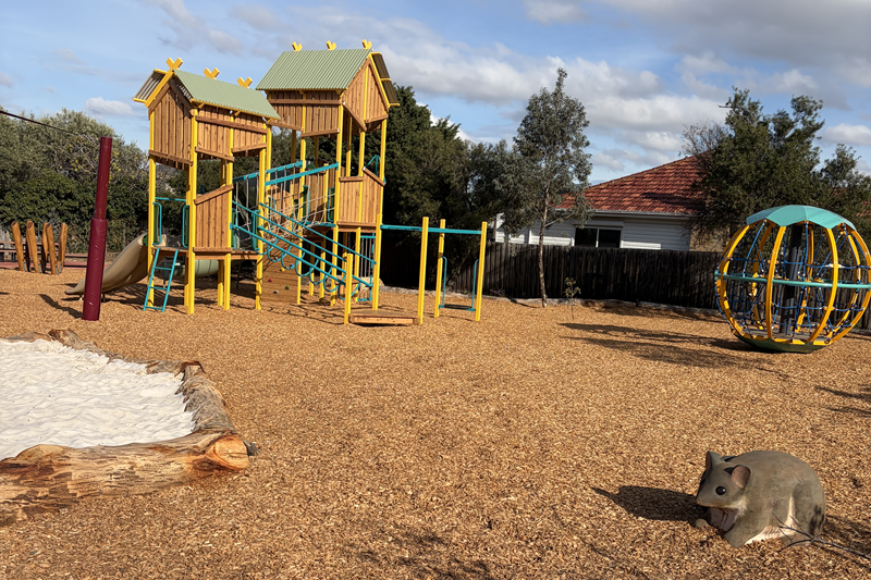 Colourful children's playground with climbing structures and roundabout.