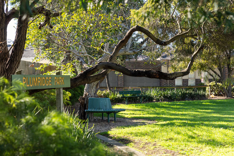 The Plumridge Park sign in front of native trees and bushes.