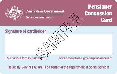 A burgundy and light blue Australian Government, Services Australia, Pensioner Concession Card with Sample stamped across the signature box.