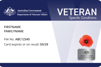 A newer style white Veterans card from the Australian Government, Department of Veteran Affairs. It has a dark blue banner at the top and a red poppy in the bottom corner with a government crest.