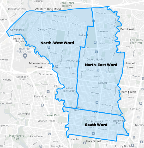 Map of Merri-bek Councils 3 ward areas
