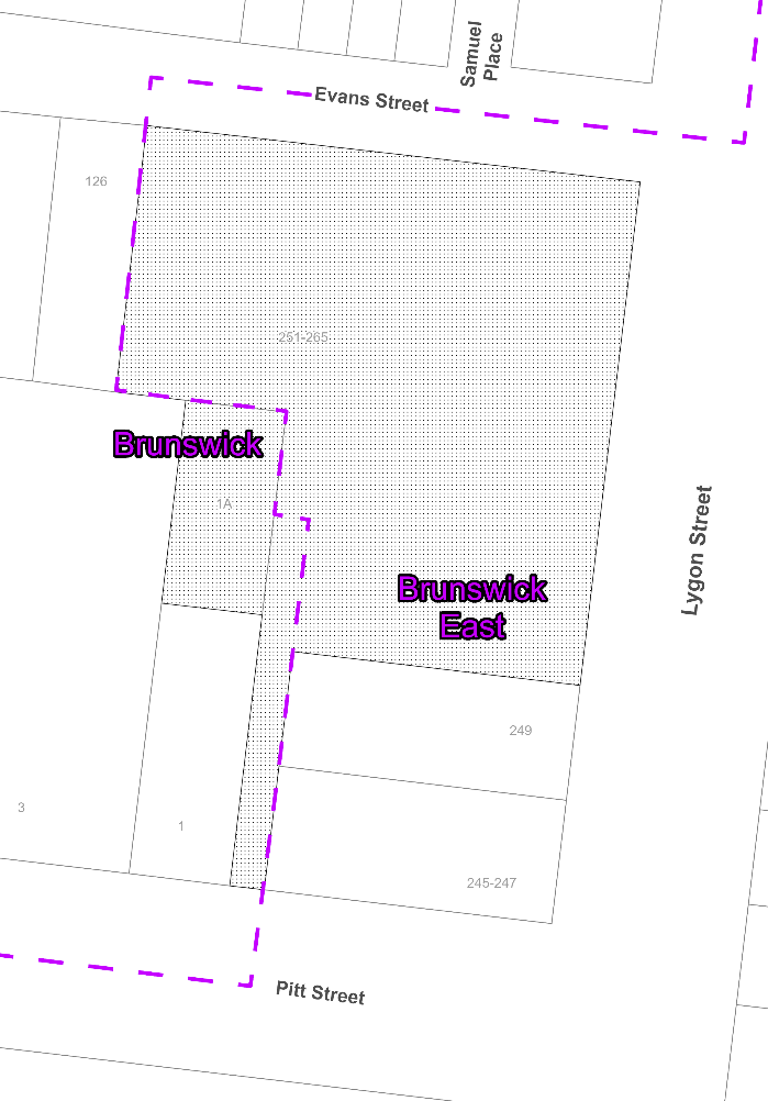 Properties represented by grey and white geometric shapes on Lygon street between Evans street and Pitt Street, are divided by a purple dashed line showing the boundary between Brunswick and Brunswick East. This line zig zags through between several adjacent buildings. Properties represented by grey and white geometric shapes on Lygon street between Evans street and Pitt Street, are divided by a purple dashed line showing the boundary between Brunswick and Brunswick East. This line zig zags through between several adjacent buildings.