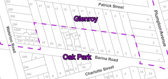 A black and white map of several streets in Glenroy and Oak Park with a purple, dashed property boundary drawn that divides them.