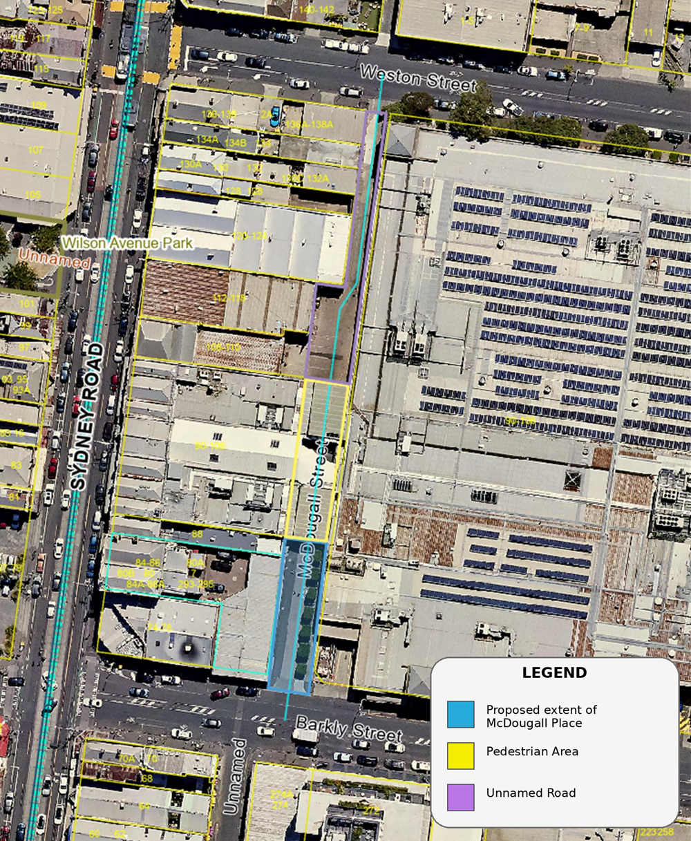 Overhead image showing area of McDougall Street, Brunswick that is proposed to be changed to McDougall Place.