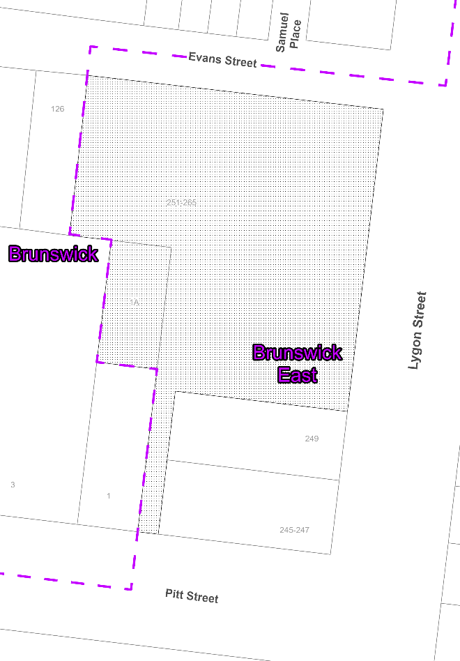 Properties represented by grey and white geometric shapes on Lygon street between Evans street and Pitt Street, are divided by a purple dashed line showing the boundary between Brunswick and Brunswick East. This goes long the outside of all the properties that are connected to Lygon street. Properties represented by grey and white geometric shapes on Lygon street between Evans street and Pitt Street, are divided by a purple dashed line showing the boundary between Brunswick and Brunswick East. This goes long the outside of all the properties that are connected to Lygon street.